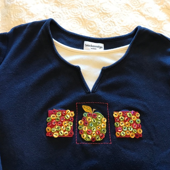 Breckenridge fall-themed long sleeved blue top with button apple design (2X) - Picture 9 of 16